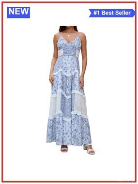Women Floral Tiered Maxi Dress Spaghetti Strap V-Neck Boho Patchwork
